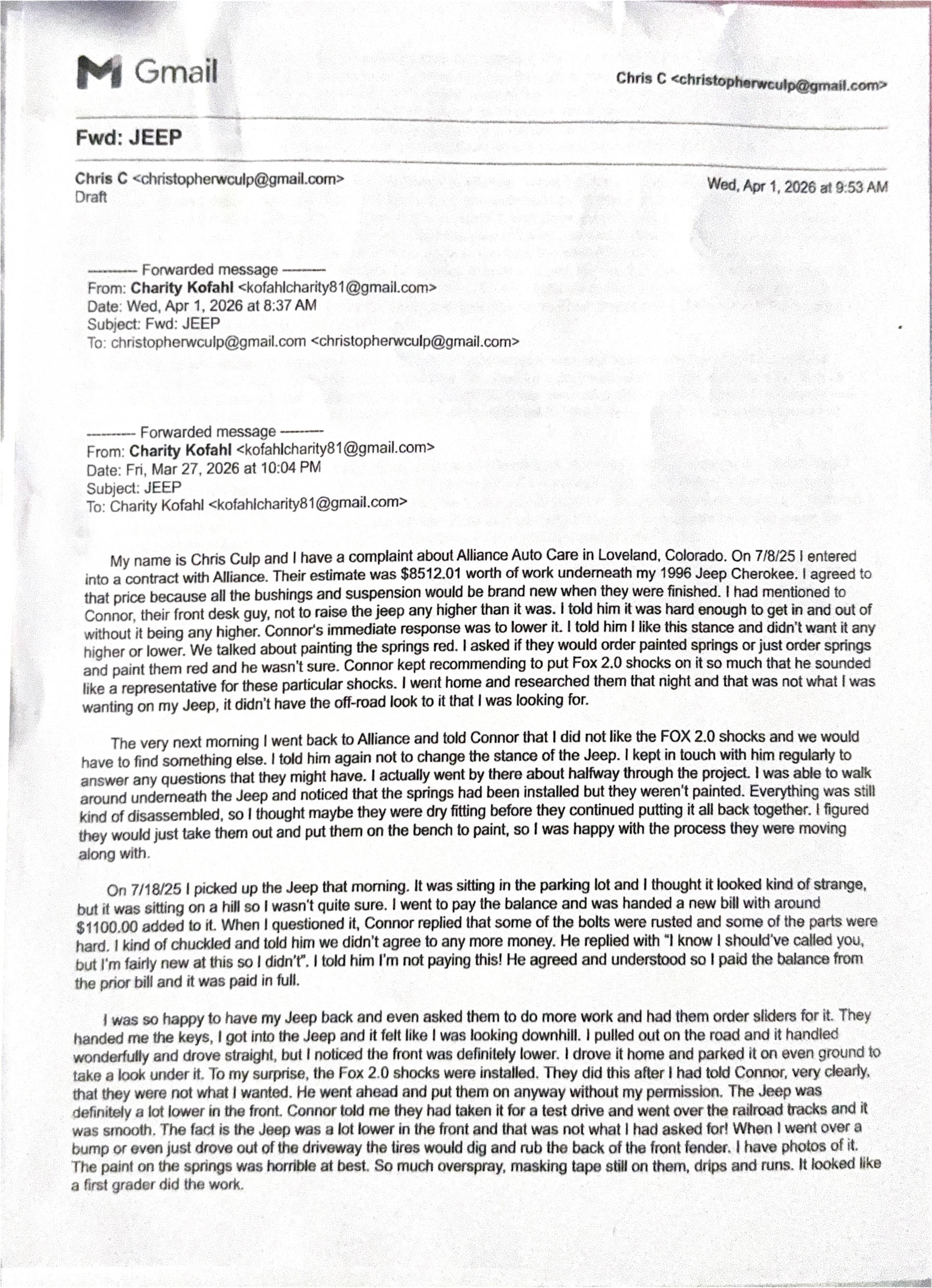 1st Email Complaint — Page 1